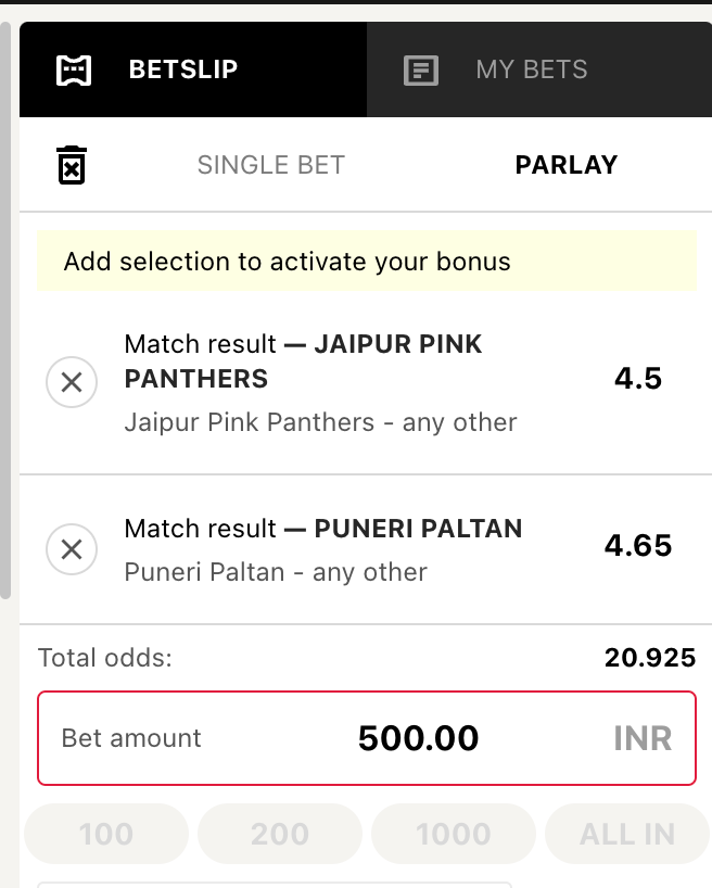Kabaddi Parley Bet Slip
