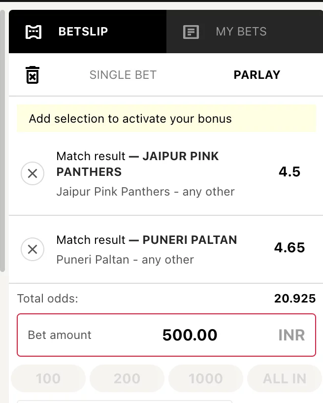 Kabaddi Parley Bet Slip