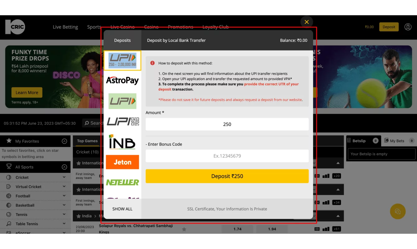 How to Deposit and Withdraw Money on 10Cric India?
