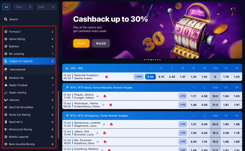 1Win Sportsbook Menu